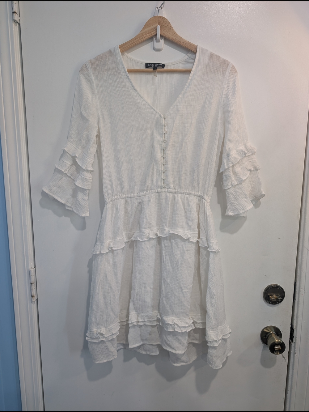David Lerner White Button Down Gauzy Ruffle Tiered Mini Dress Size Small